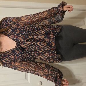 Chic Patterned Blouse with Navy and Orange Accents BRAND NEW WITH TAGS